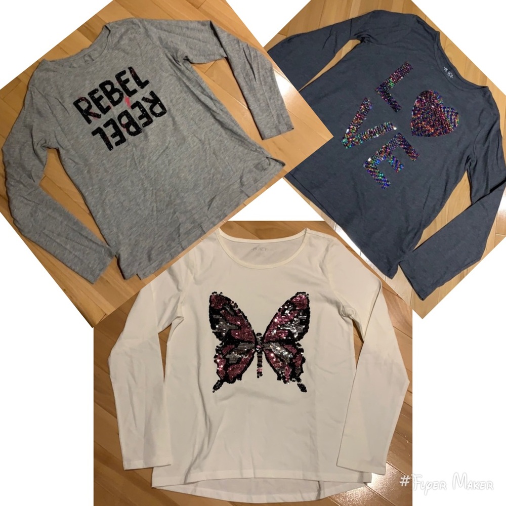 3 NWOT/VEUC Long Sleeve Sparkly Sequins Girls Tees - size 14 (XL)
